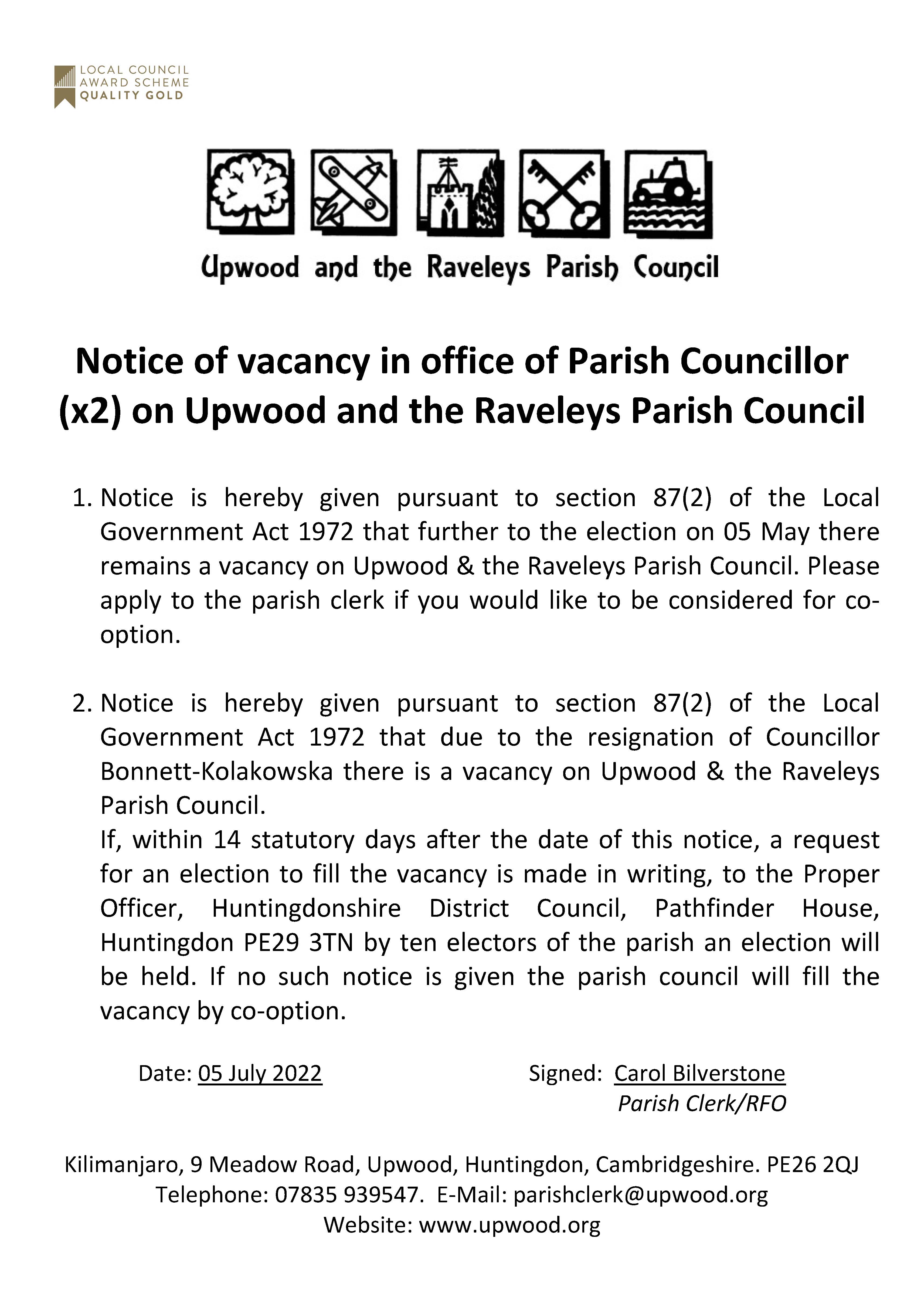 Notice of Vacancy for Parish Councillors. 04.07.22
