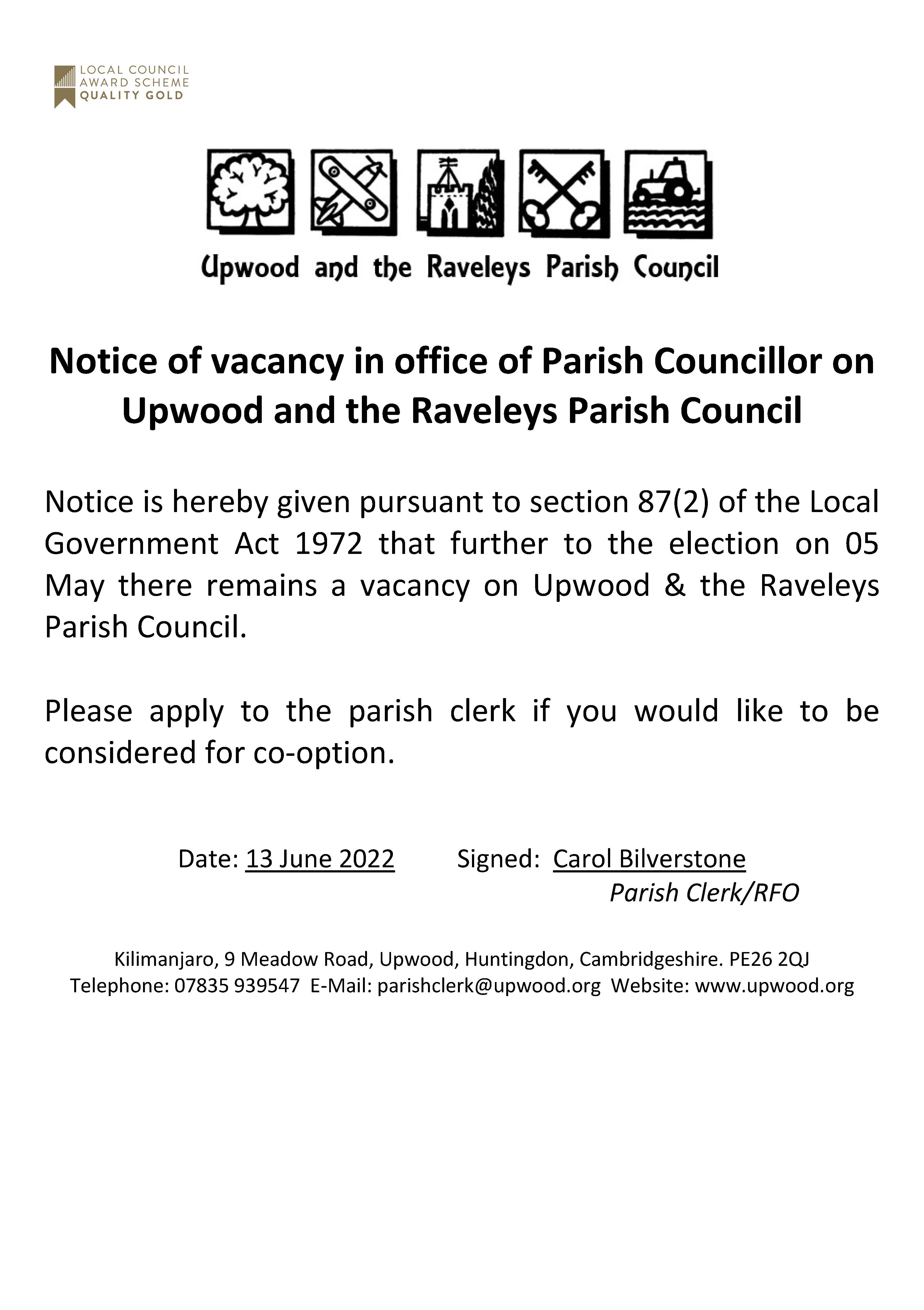 Notice of Vacancy for a Parish Councillor. 13.06.22