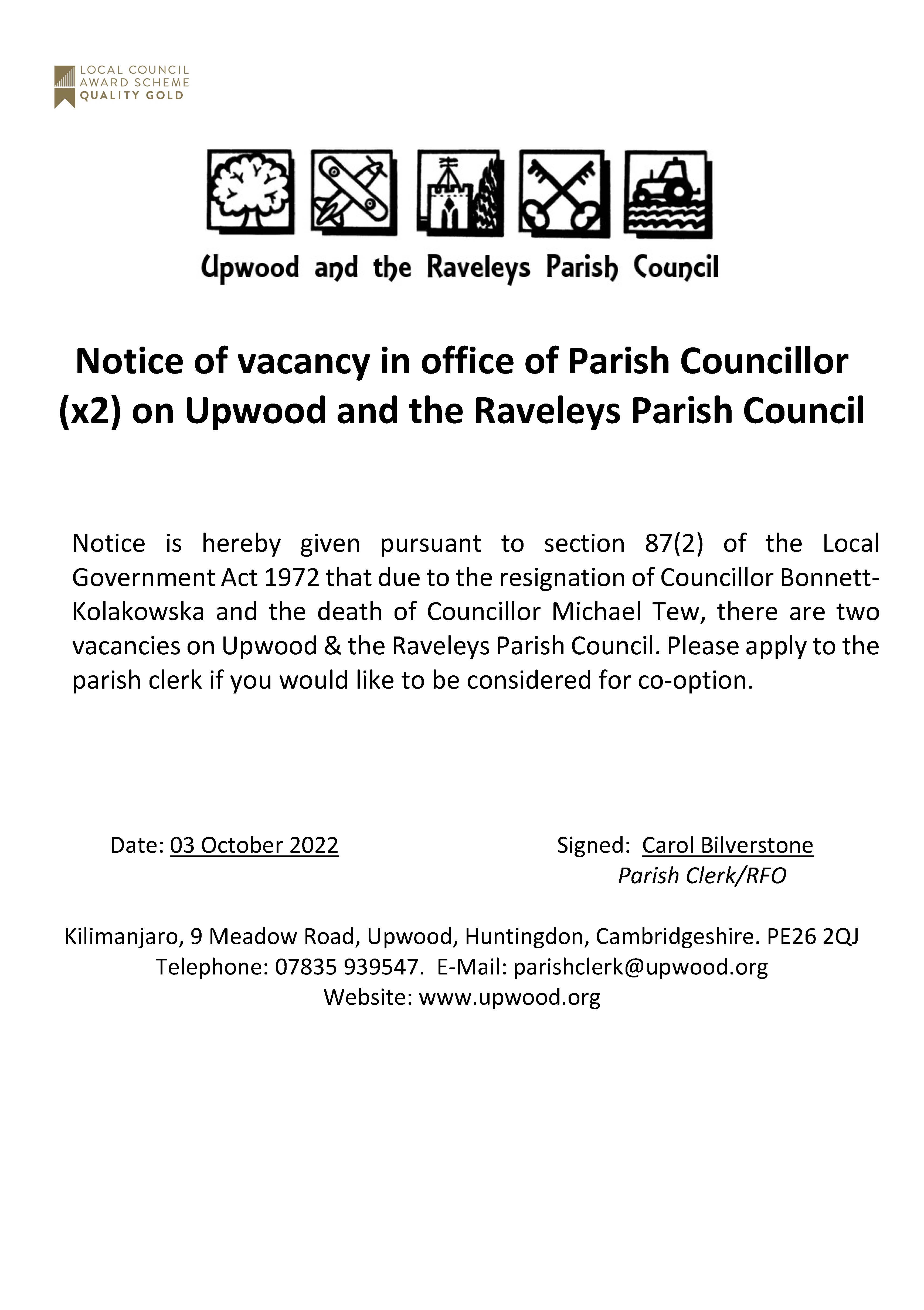 Notice of Vacancy for a Parish Councillor. 03.10.22